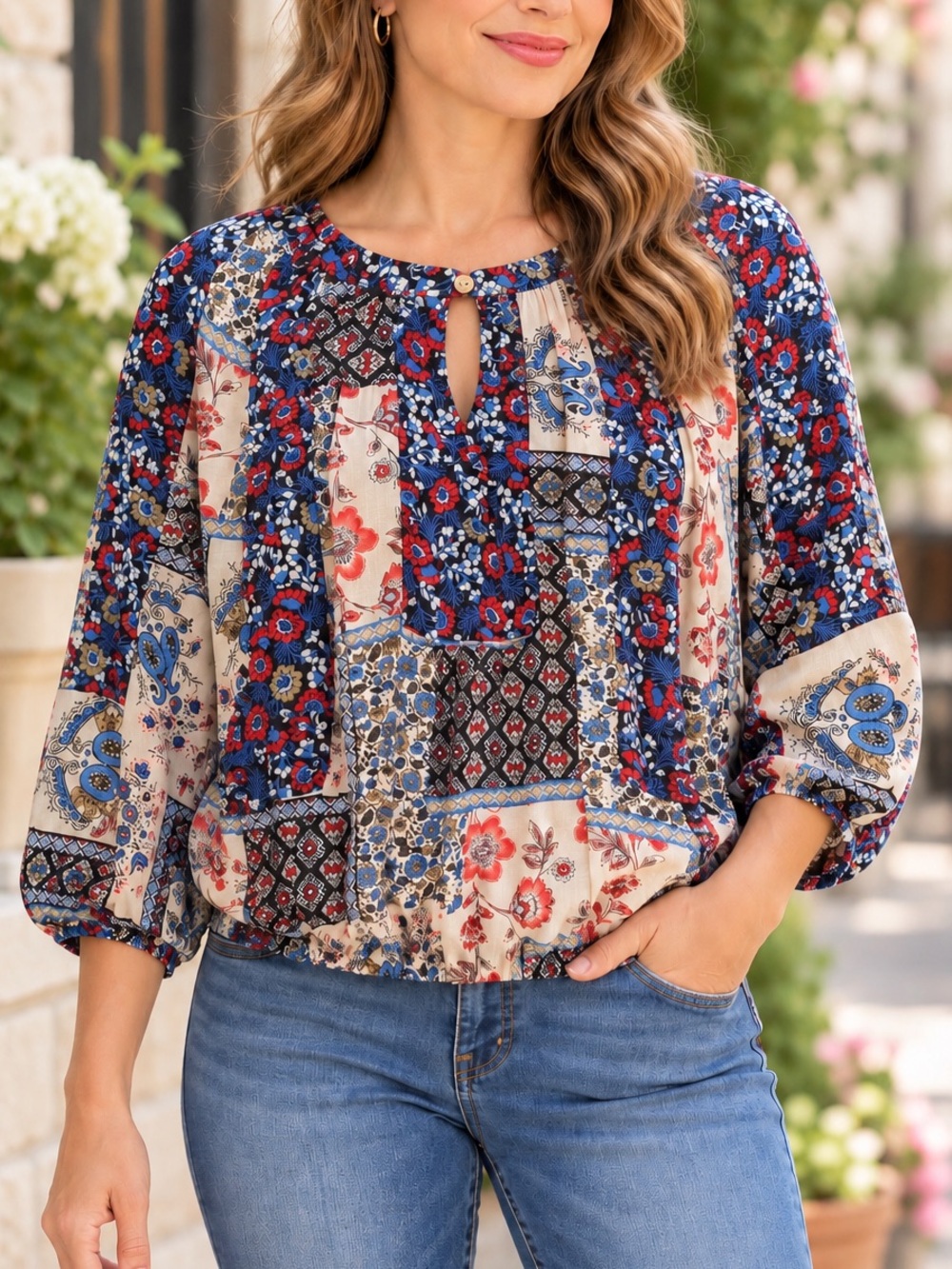 FIGUEROA & Flower Patchwork Floral Boho Blouse Elastic Hem Top Small Office